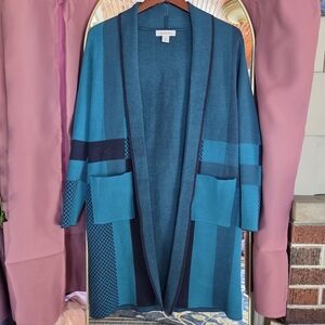 Liz Claiborne Teal Open Front Cardigan XS Long Knit Spring Sweater Duster Pocket
